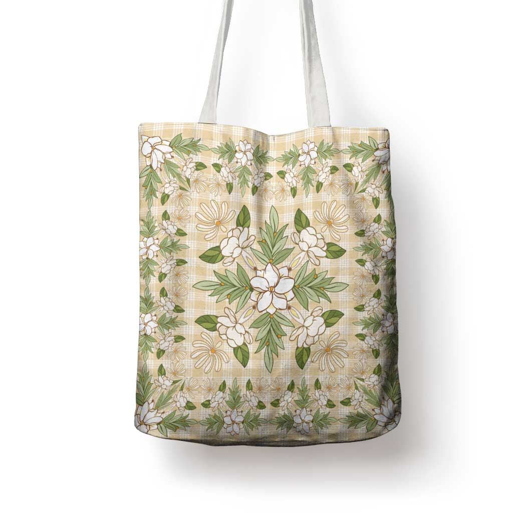Squares Maile Leaf Tote Bag Beige Palaka Hawaiian Quilt Pattern - Polynesian Pride
