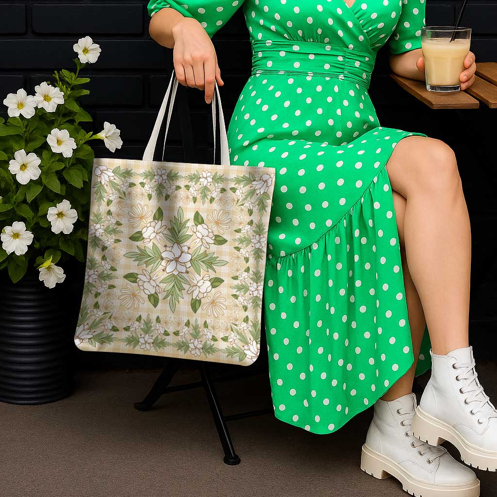 Squares Maile Leaf Tote Bag Beige Palaka Hawaiian Quilt Pattern - Polynesian Pride