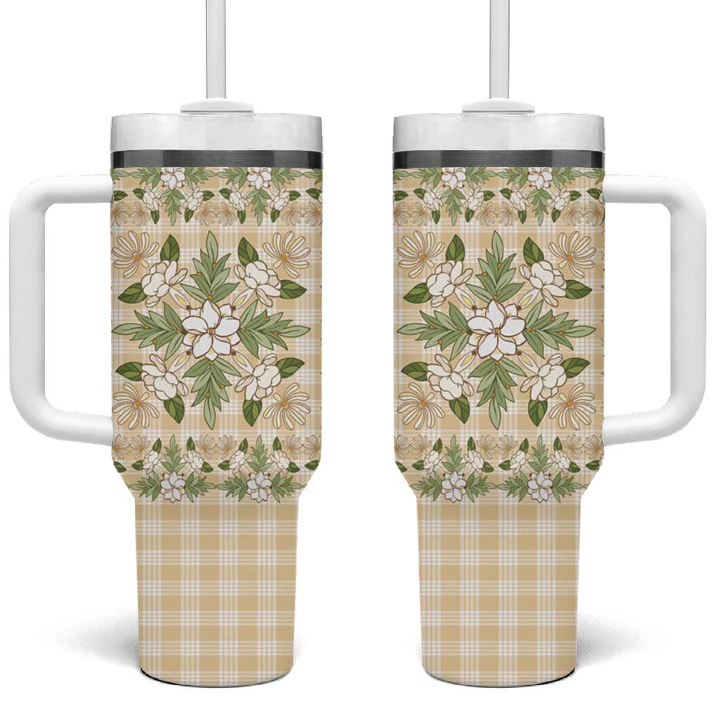 Squares Maile Leaf Tumbler With Handle Beige Palaka Hawaiian Quilt Pattern - Polynesian Pride