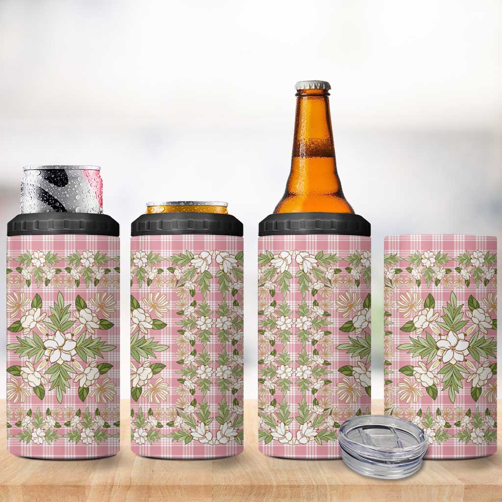 Squares Maile Leaf 4 in 1 Can Cooler Tumbler Pink Palaka Hawaiian Quilt Pattern - Polynesian Pride