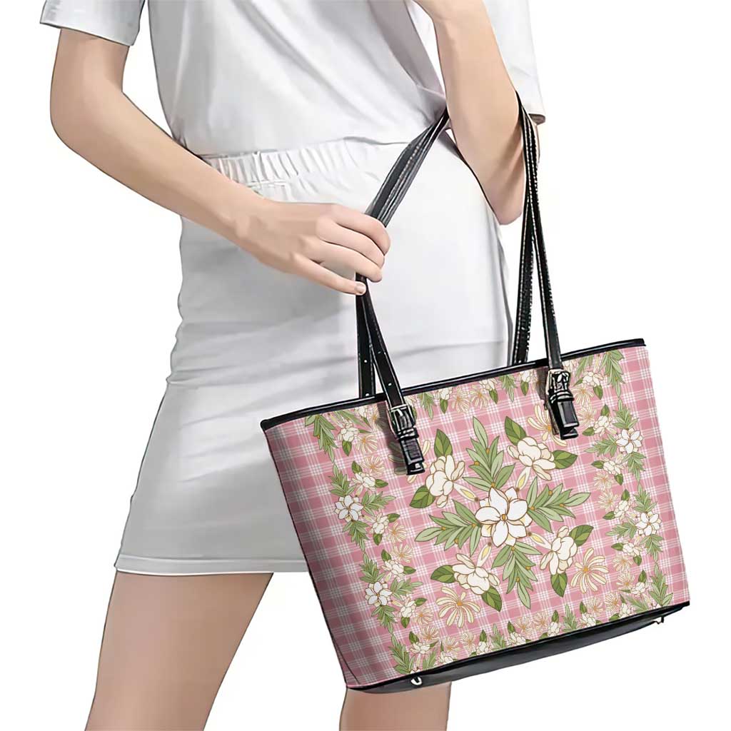 Squares Maile Leaf Leather Tote Bag Pink Palaka Hawaiian Quilt Pattern - Polynesian Pride