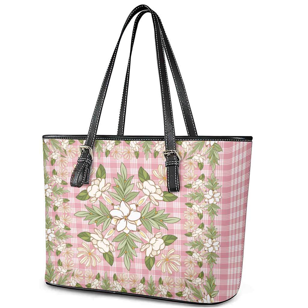 Squares Maile Leaf Leather Tote Bag Pink Palaka Hawaiian Quilt Pattern - Polynesian Pride