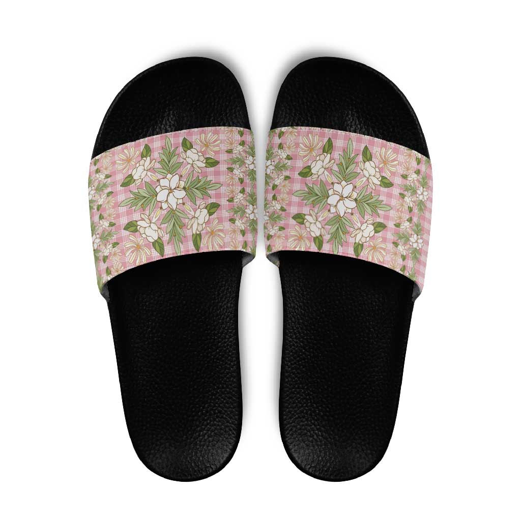Squares Maile Leaf Slide Sandals Pink Palaka Hawaiian Quilt Pattern - Polynesian Pride