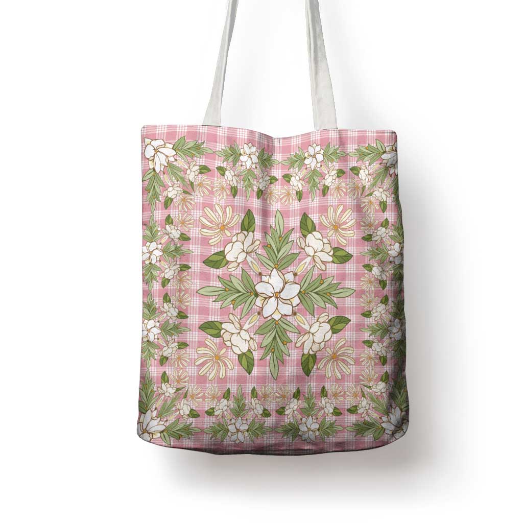 Squares Maile Leaf Tote Bag Pink Palaka Hawaiian Quilt Pattern - Polynesian Pride