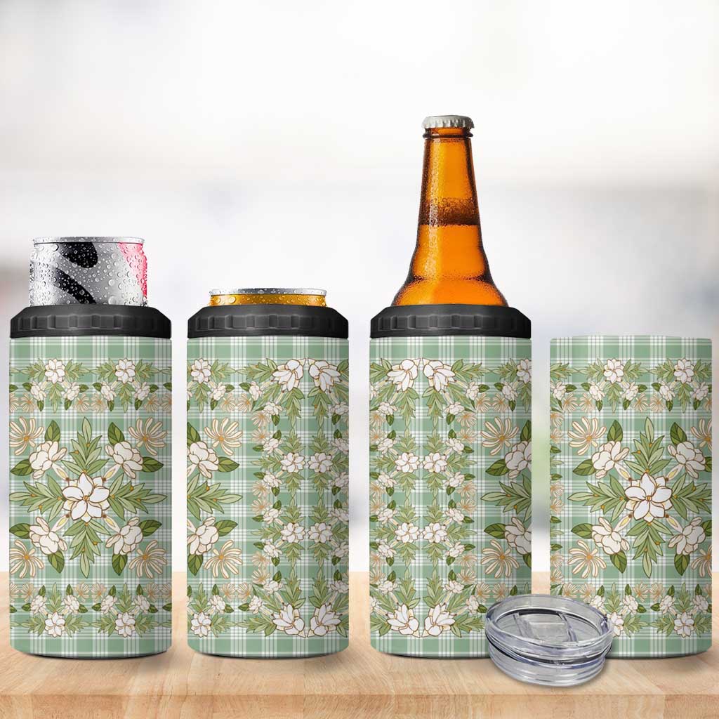 Squares Maile Leaf 4 in 1 Can Cooler Tumbler Turquoise Palaka Hawaiian Quilt Pattern - Polynesian Pride