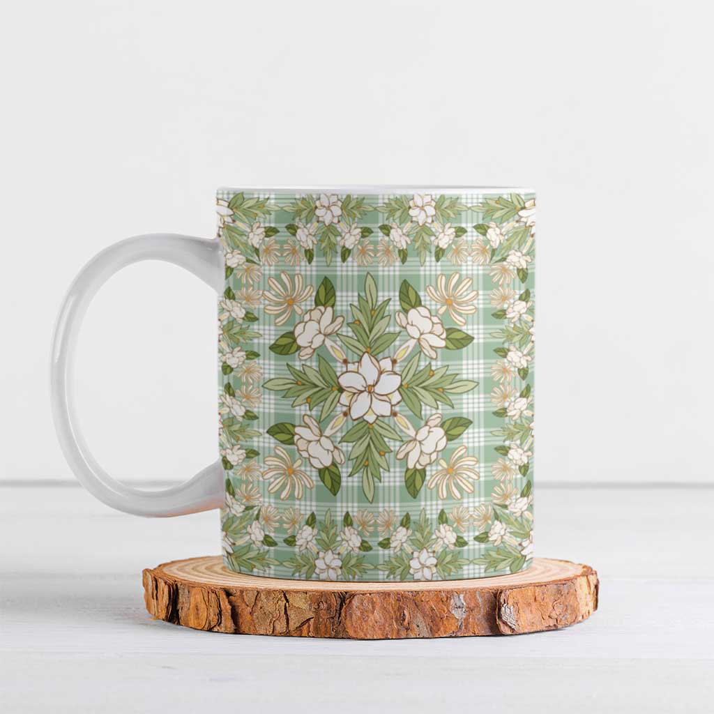 Squares Maile Leaf Ceramic Mug Turquoise Palaka Hawaiian Quilt Pattern - Polynesian Pride