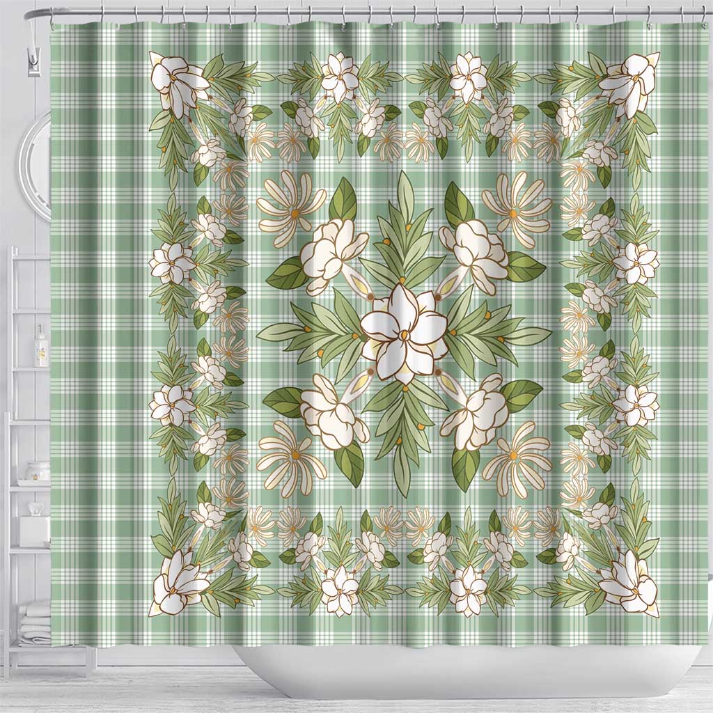 Squares Maile Leaf Shower Curtain Turquoise Palaka Hawaiian Quilt Pattern - Polynesian Pride