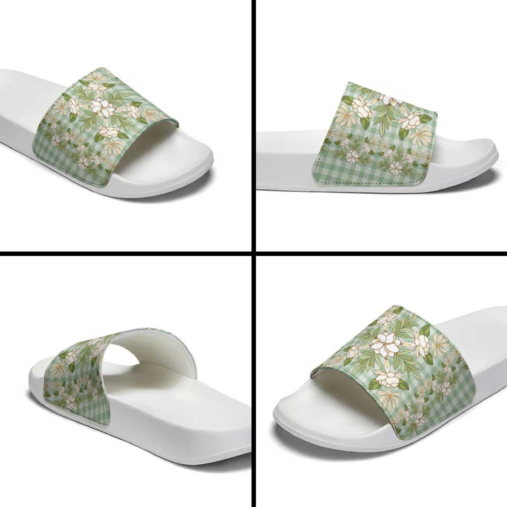 Squares Maile Leaf Slide Sandals Turquoise Palaka Hawaiian Quilt Pattern - Polynesian Pride