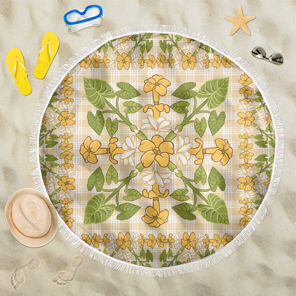 Squares Puakenikeni and Kalo Beach Blanket Beige Palaka Hawaiian Quilt Pattern - Polynesian Pride