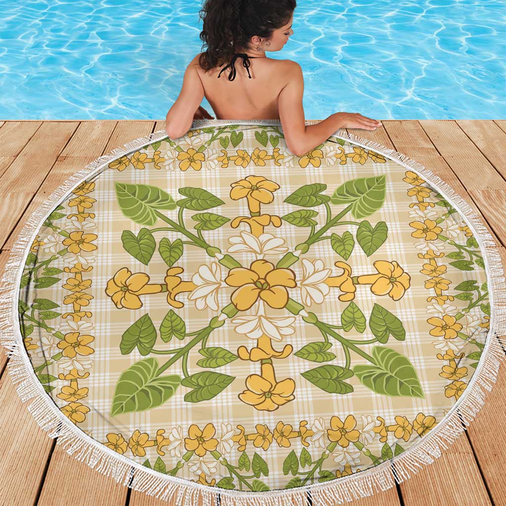 Squares Puakenikeni and Kalo Beach Blanket Beige Palaka Hawaiian Quilt Pattern - Polynesian Pride