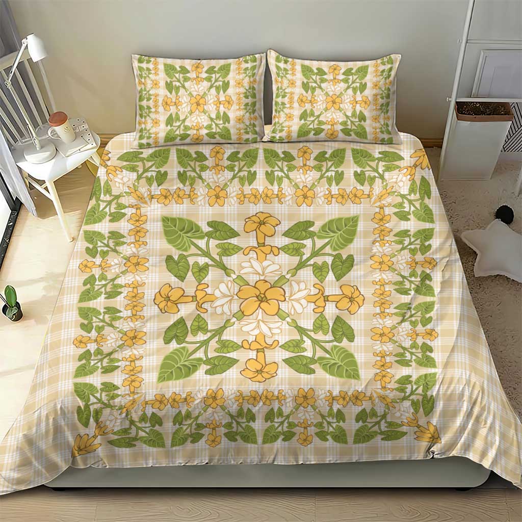 Squares Puakenikeni and Kalo Bedding Set Beige Palaka Hawaiian Quilt Pattern - Polynesian Pride
