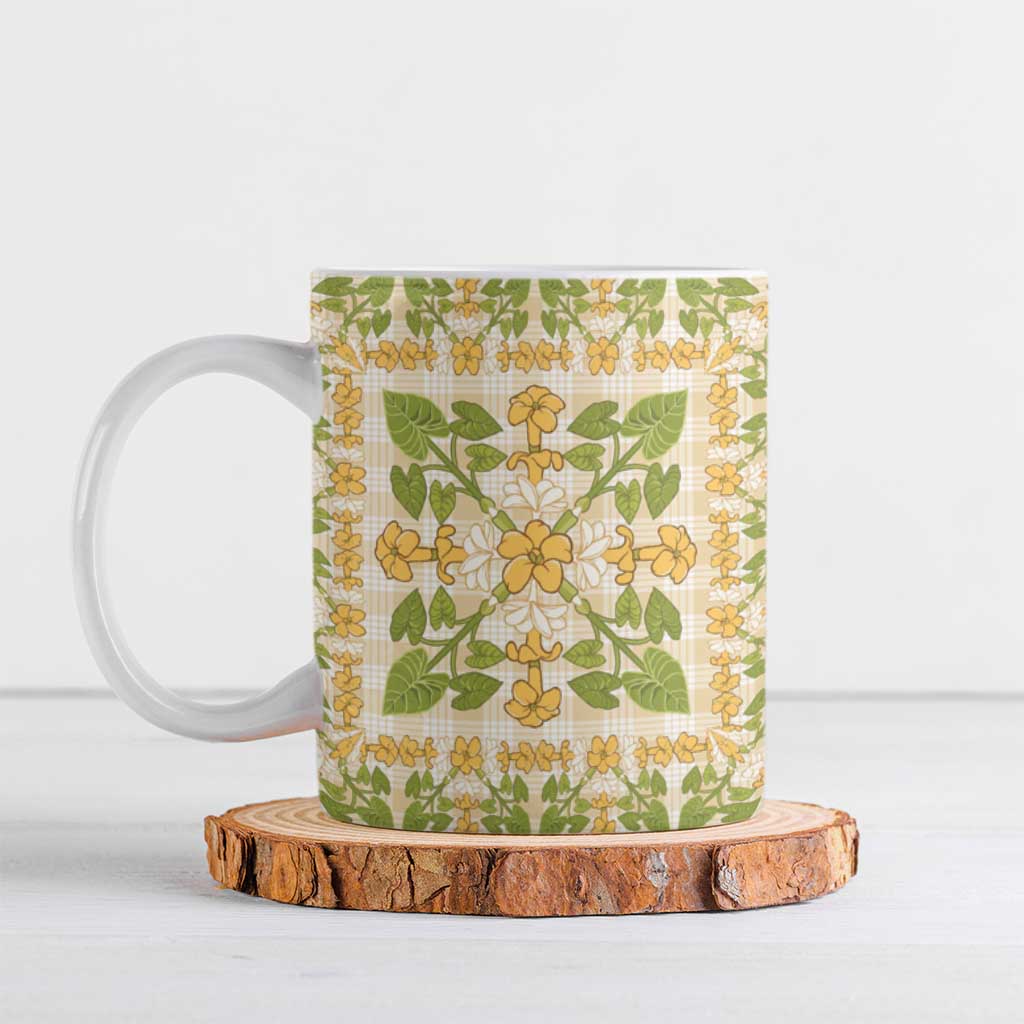 Squares Puakenikeni and Kalo Ceramic Mug Beige Palaka Hawaiian Quilt Pattern - Polynesian Pride
