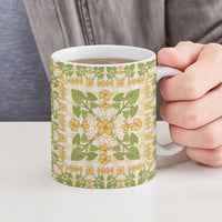 Squares Puakenikeni and Kalo Ceramic Mug Beige Palaka Hawaiian Quilt Pattern - Polynesian Pride