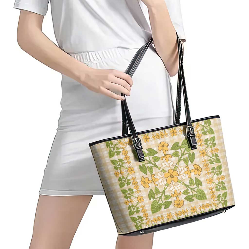 Squares Puakenikeni and Kalo Leather Tote Bag Beige Palaka Hawaiian Quilt Pattern - Polynesian Pride