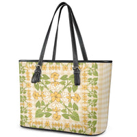 Squares Puakenikeni and Kalo Leather Tote Bag Beige Palaka Hawaiian Quilt Pattern - Polynesian Pride