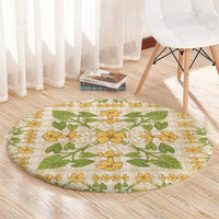 Squares Puakenikeni and Kalo Round Carpet Beige Palaka Hawaiian Quilt Pattern - Polynesian Pride