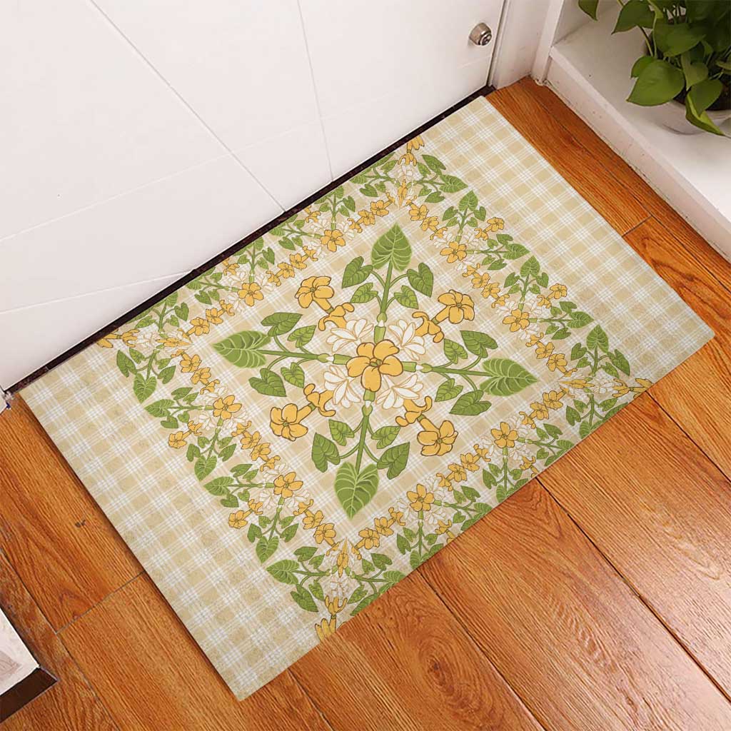 Squares Puakenikeni and Kalo Rubber Doormat Beige Palaka Hawaiian Quilt Pattern - Polynesian Pride