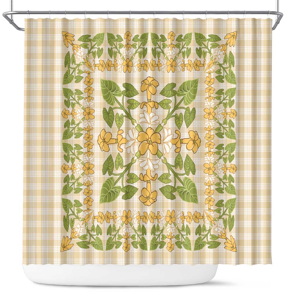 Squares Puakenikeni and Kalo Shower Curtain Beige Palaka Hawaiian Quilt Pattern - Polynesian Pride