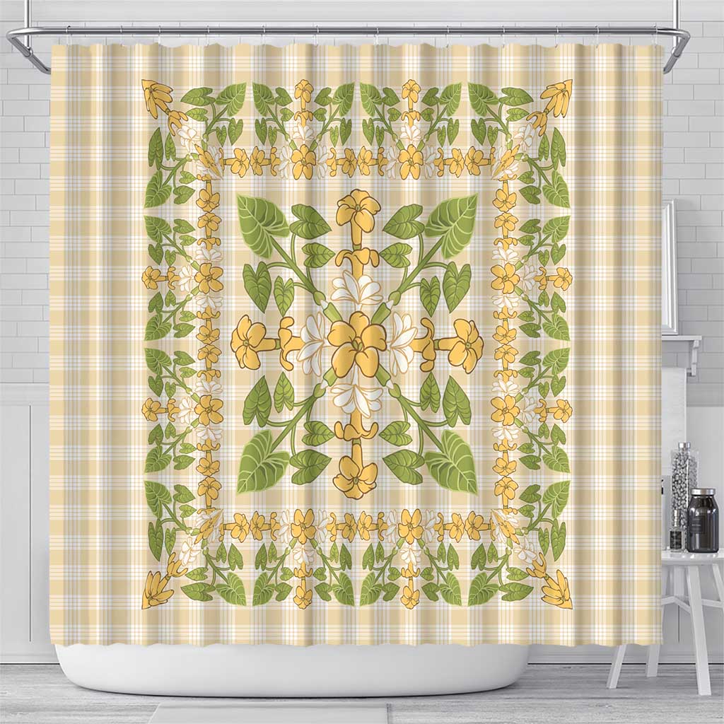 Squares Puakenikeni and Kalo Shower Curtain Beige Palaka Hawaiian Quilt Pattern - Polynesian Pride