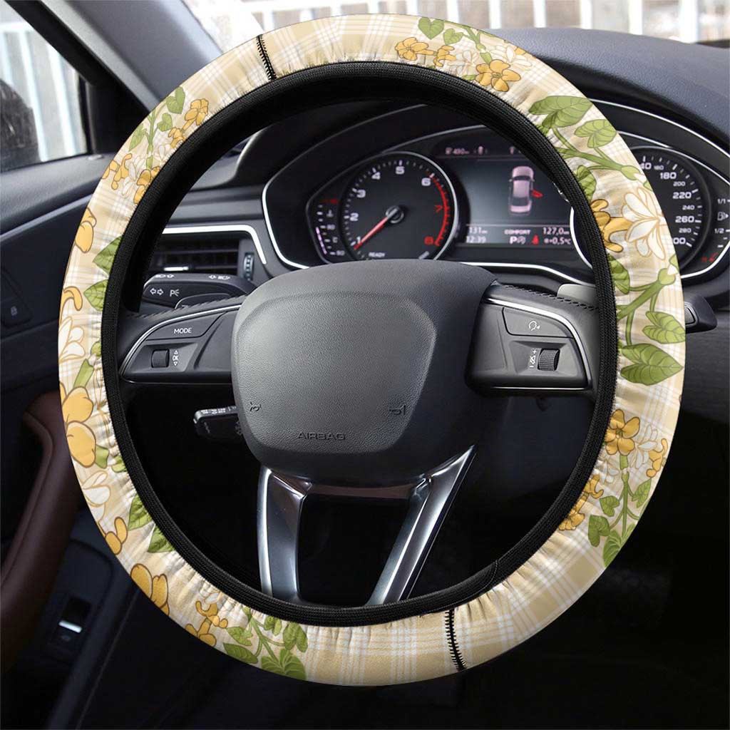 Squares Puakenikeni and Kalo Steering Wheel Cover Beige Palaka Hawaiian Quilt Pattern - Polynesian Pride