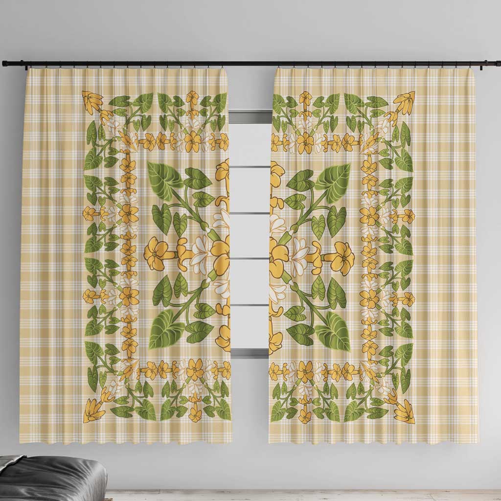 Squares Puakenikeni and Kalo Window Curtain Beige Palaka Hawaiian Quilt Pattern - Polynesian Pride