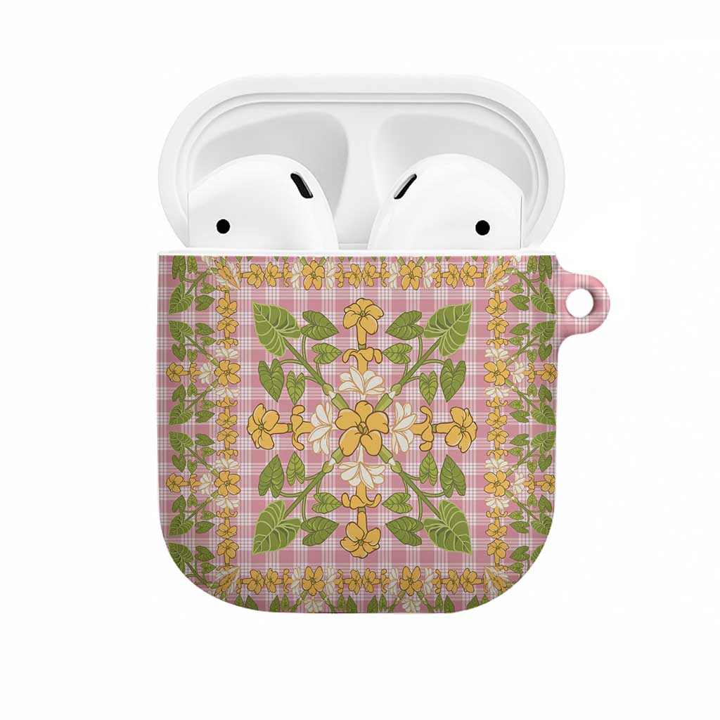 Squares Puakenikeni and Kalo AirPods Case Pink Palaka Hawaiian Quilt Pattern - Polynesian Pride