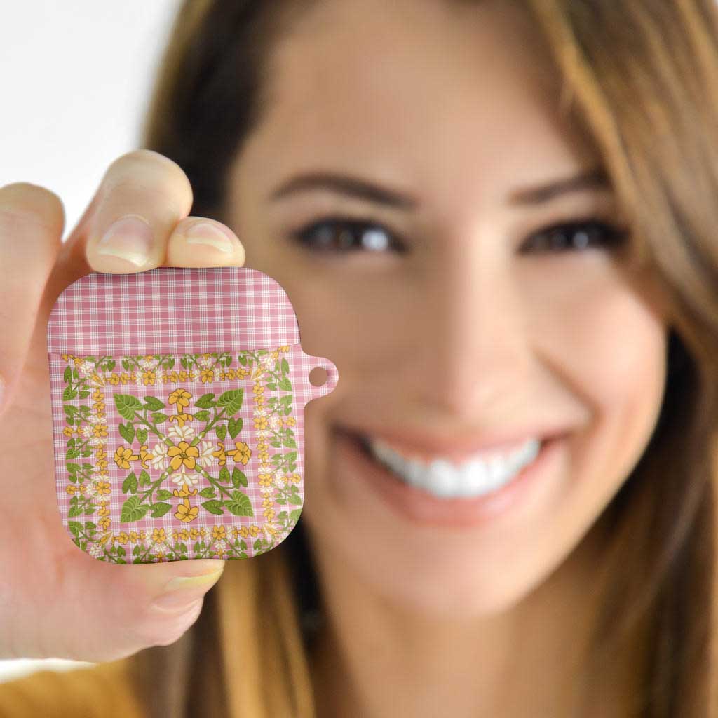Squares Puakenikeni and Kalo AirPods Case Pink Palaka Hawaiian Quilt Pattern - Polynesian Pride