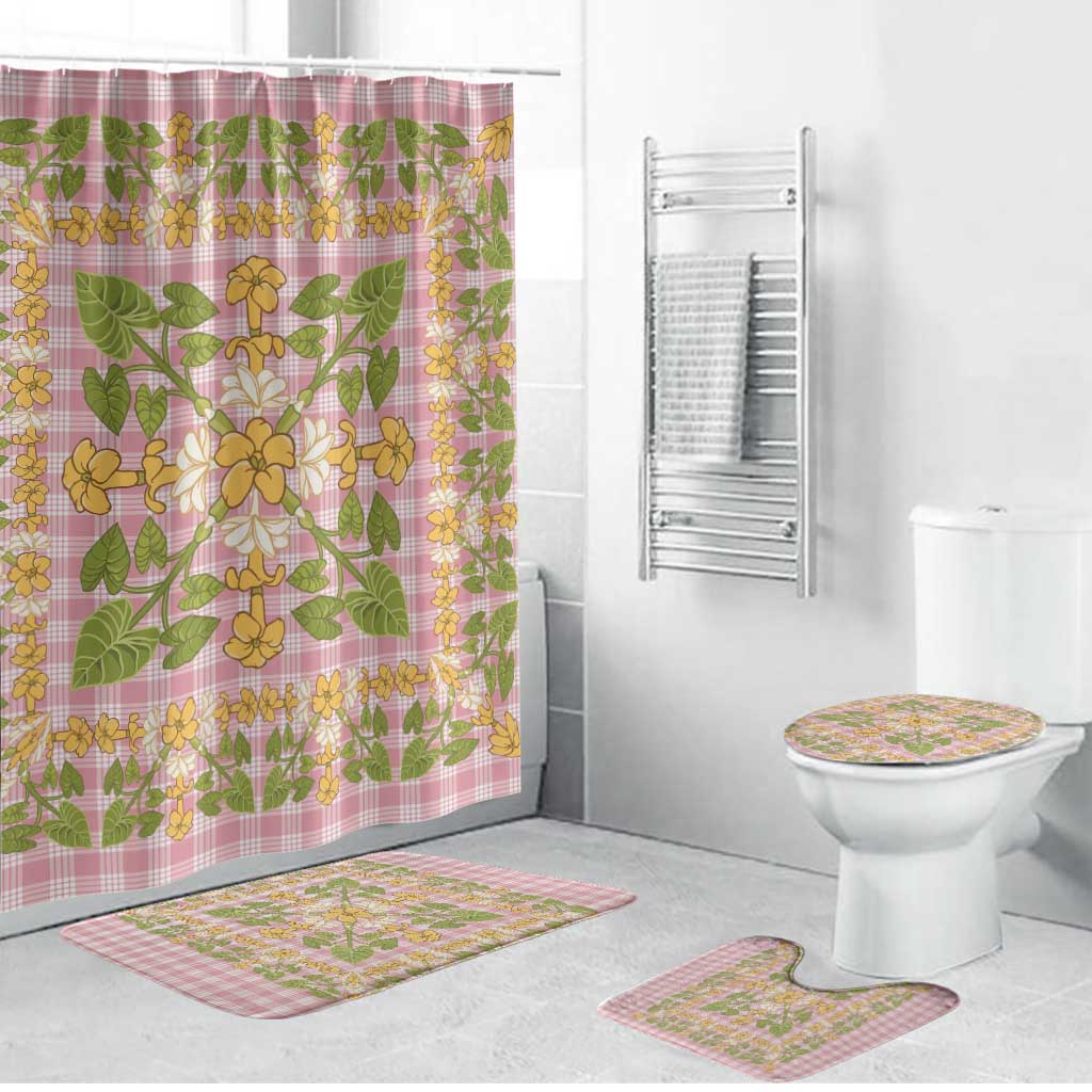Squares Puakenikeni and Kalo Bathroom Set Pink Palaka Hawaiian Quilt Pattern - Polynesian Pride