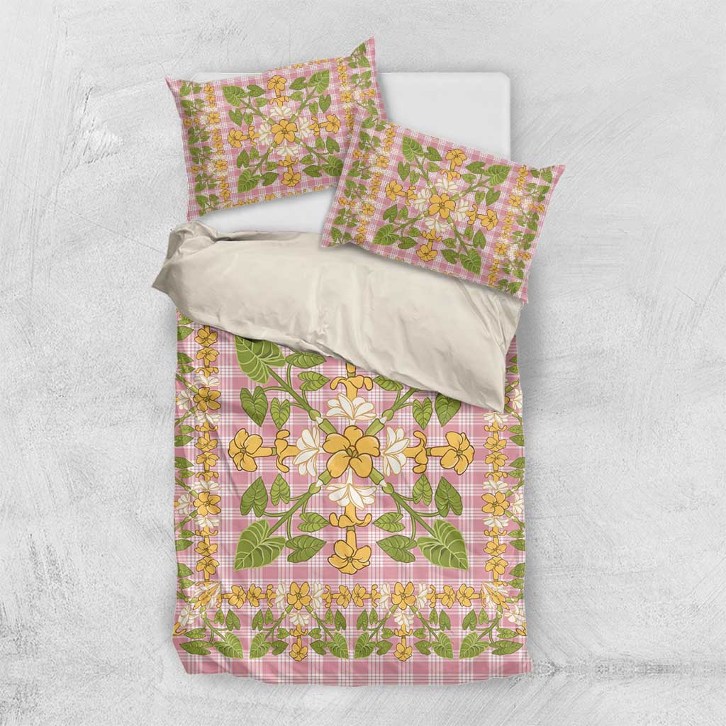 Squares Puakenikeni and Kalo Bedding Set Pink Palaka Hawaiian Quilt Pattern - Polynesian Pride