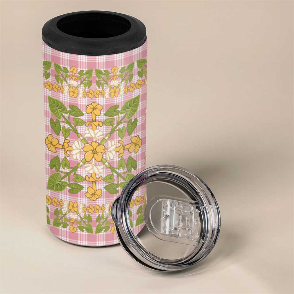 Squares Puakenikeni and Kalo 4 in 1 Can Cooler Tumbler Pink Palaka Hawaiian Quilt Pattern - Polynesian Pride