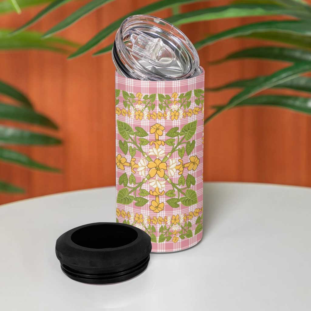Squares Puakenikeni and Kalo 4 in 1 Can Cooler Tumbler Pink Palaka Hawaiian Quilt Pattern - Polynesian Pride