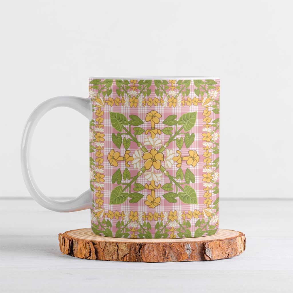 Squares Puakenikeni and Kalo Ceramic Mug Pink Palaka Hawaiian Quilt Pattern - Polynesian Pride