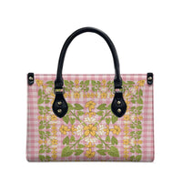 Squares Puakenikeni and Kalo Leather Bag Pink Palaka Hawaiian Quilt Pattern - Polynesian Pride