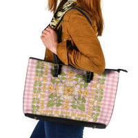 Squares Puakenikeni and Kalo Leather Tote Bag Pink Palaka Hawaiian Quilt Pattern - Polynesian Pride