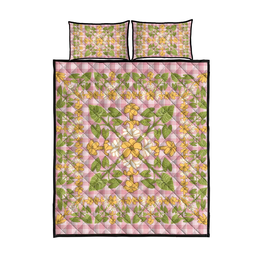 Squares Puakenikeni and Kalo Quilt Bed Set Pink Palaka Hawaiian Quilt Pattern - Polynesian Pride
