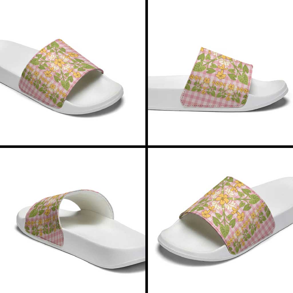 Squares Puakenikeni and Kalo Slide Sandals Pink Palaka Hawaiian Quilt Pattern - Polynesian Pride