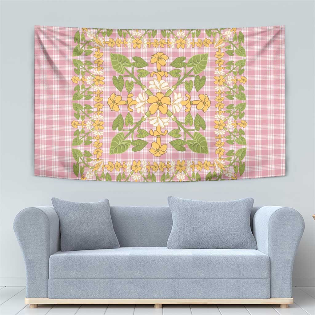 Squares Puakenikeni and Kalo Tapestry Pink Palaka Hawaiian Quilt Pattern - Polynesian Pride