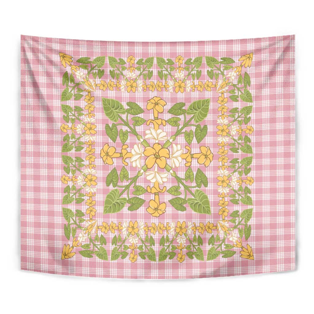 Squares Puakenikeni and Kalo Tapestry Pink Palaka Hawaiian Quilt Pattern - Polynesian Pride