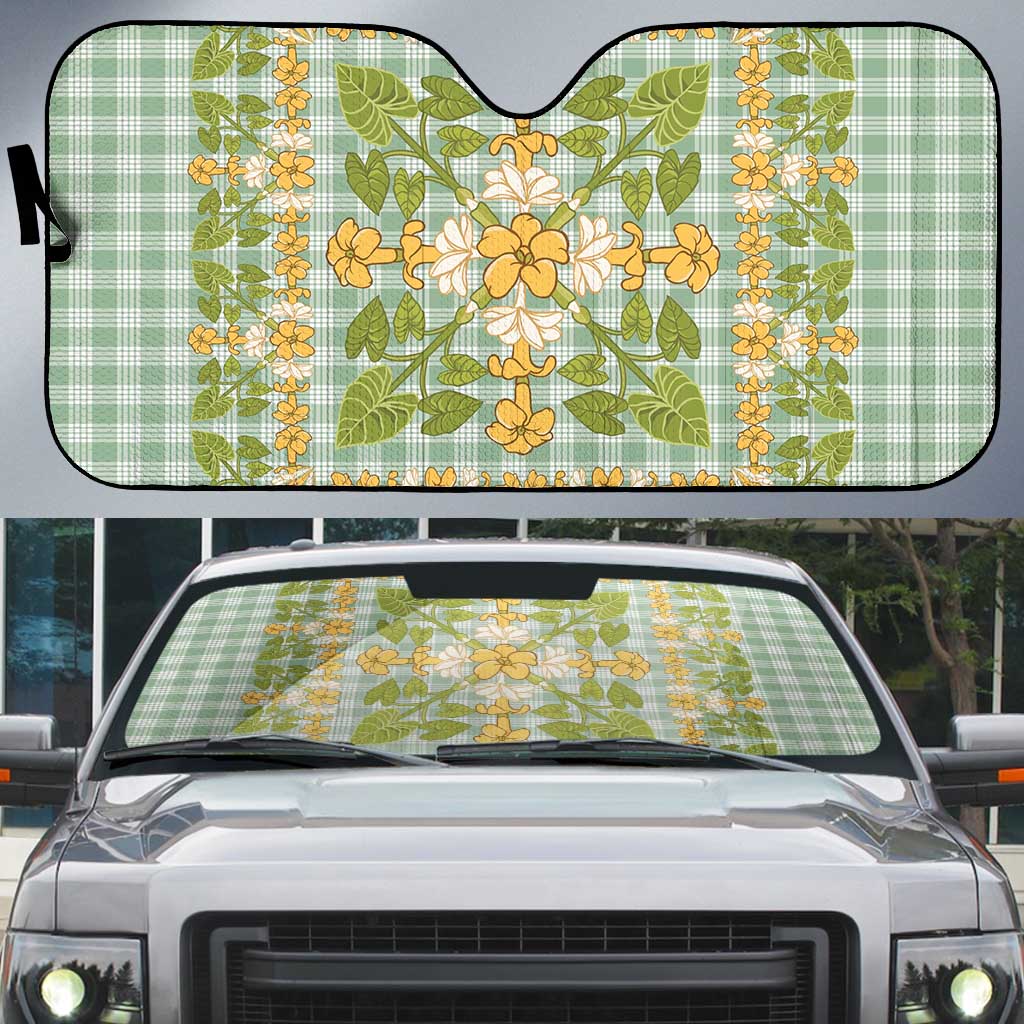 Squares Puakenikeni and Kalo Auto Sun Shade Turquoise Palaka Hawaiian Quilt Pattern - Polynesian Pride