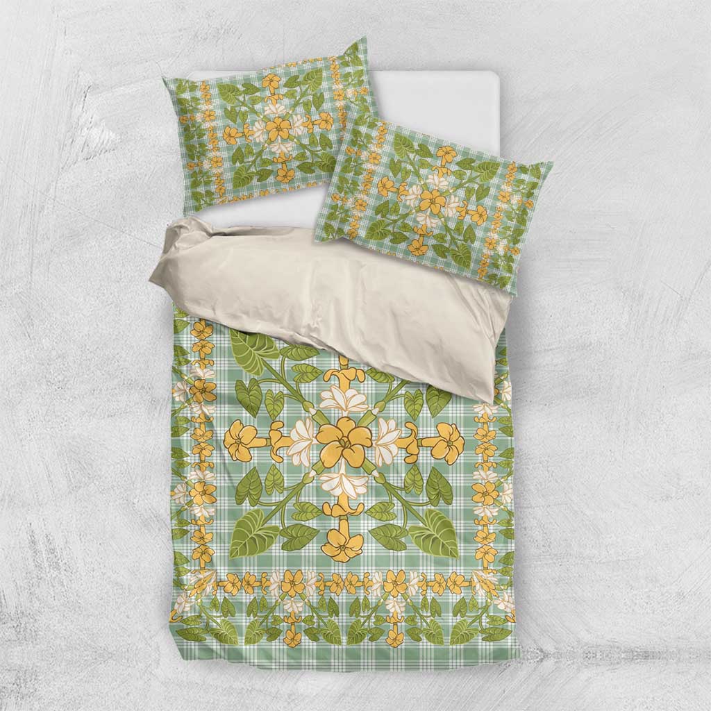 Squares Puakenikeni and Kalo Bedding Set Turquoise Palaka Hawaiian Quilt Pattern - Polynesian Pride
