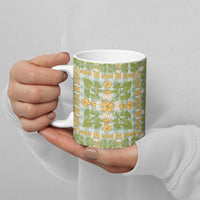 Squares Puakenikeni and Kalo Ceramic Mug Turquoise Palaka Hawaiian Quilt Pattern - Polynesian Pride
