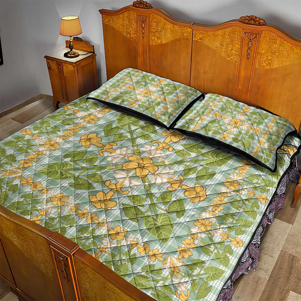 Squares Puakenikeni and Kalo Quilt Bed Set Turquoise Palaka Hawaiian Quilt Pattern - Polynesian Pride