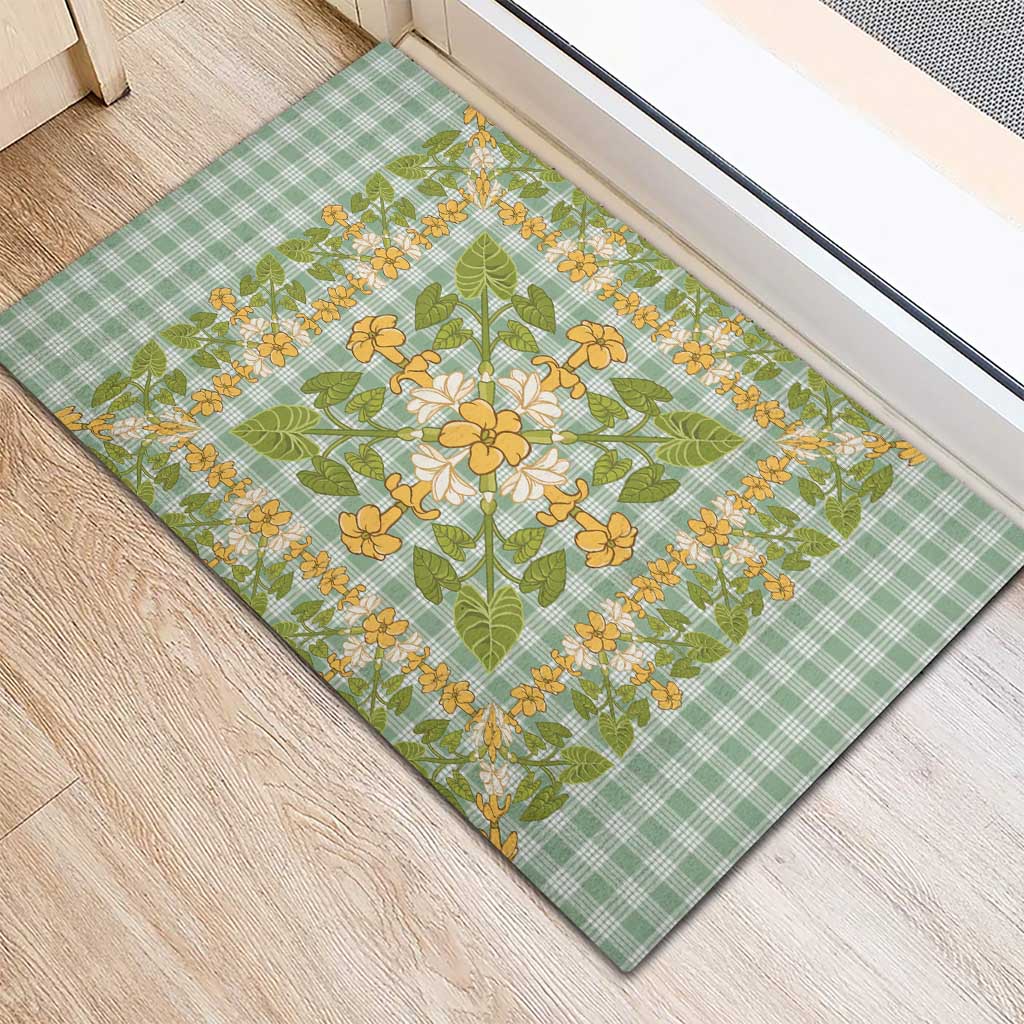 Squares Puakenikeni and Kalo Rubber Doormat Turquoise Palaka Hawaiian Quilt Pattern - Polynesian Pride