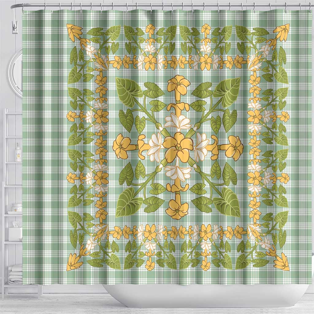 Squares Puakenikeni and Kalo Shower Curtain Turquoise Palaka Hawaiian Quilt Pattern - Polynesian Pride