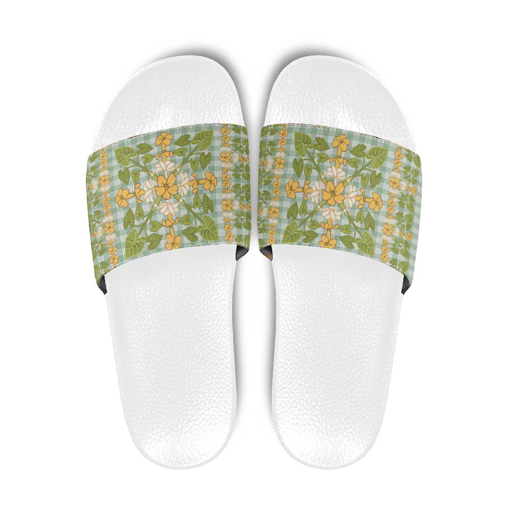 Squares Puakenikeni and Kalo Slide Sandals Turquoise Palaka Hawaiian Quilt Pattern - Polynesian Pride