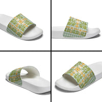 Squares Puakenikeni and Kalo Slide Sandals Turquoise Palaka Hawaiian Quilt Pattern - Polynesian Pride