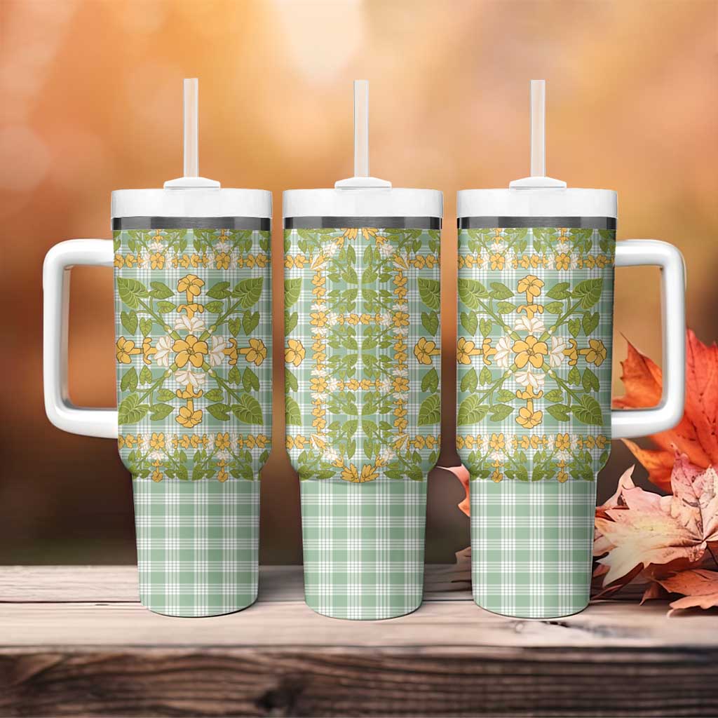 Squares Puakenikeni and Kalo Tumbler With Handle Turquoise Palaka Hawaiian Quilt Pattern - Polynesian Pride