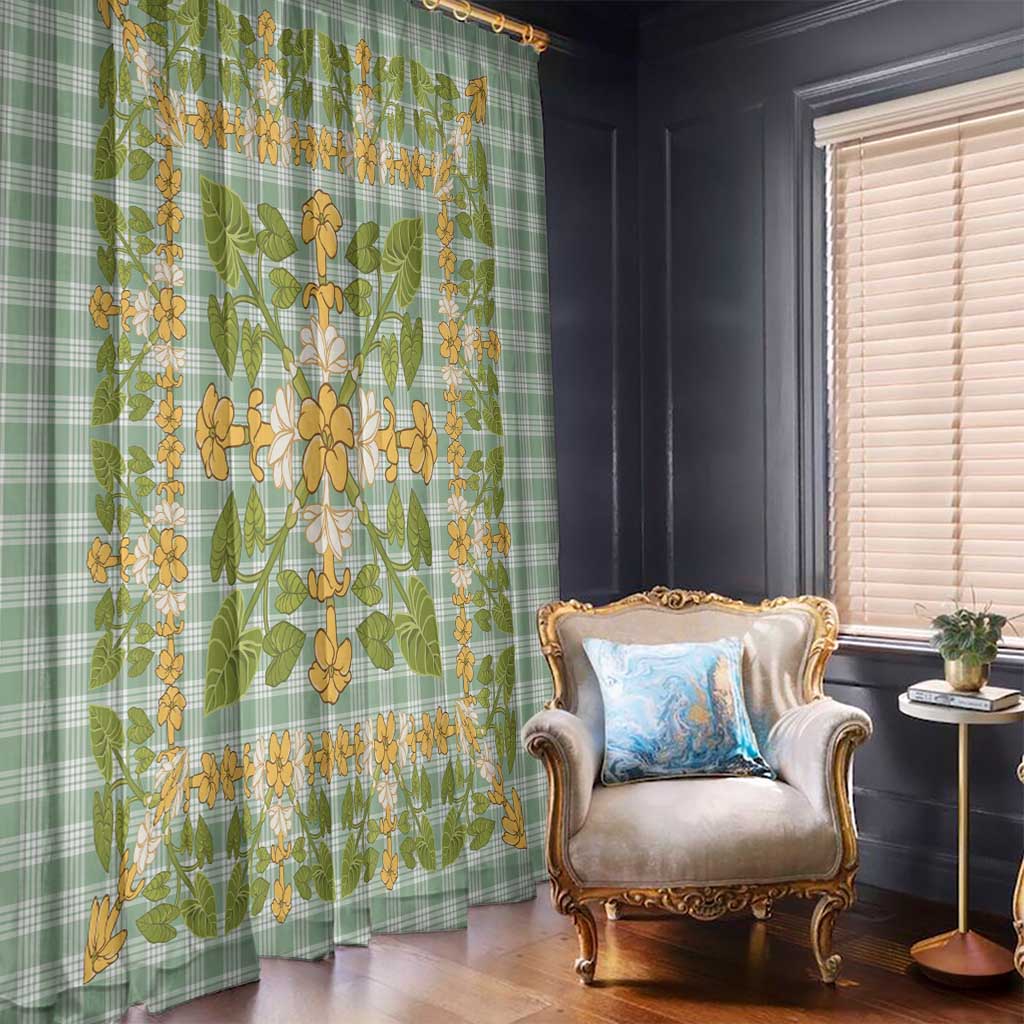 Squares Puakenikeni and Kalo Window Curtain Turquoise Palaka Hawaiian Quilt Pattern - Polynesian Pride