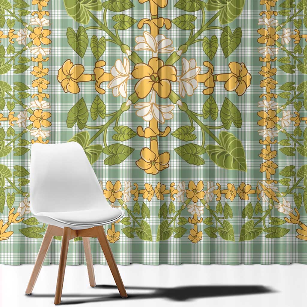 Squares Puakenikeni and Kalo Window Curtain Turquoise Palaka Hawaiian Quilt Pattern - Polynesian Pride