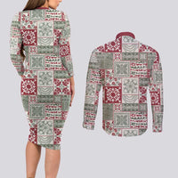 Mele Kalikimaka Hawaii Christmas Couples Matching Long Sleeve Bodycon Dress and Long Sleeve Button Shirt Aloha Spirit with Hawaiian Quilt Pattern - Polynesian Pride